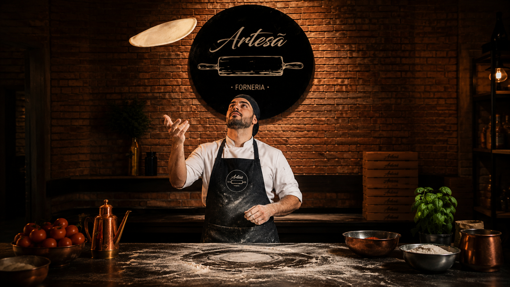 Pizzaiolo da Artesã Forneria preparando massa artesanal