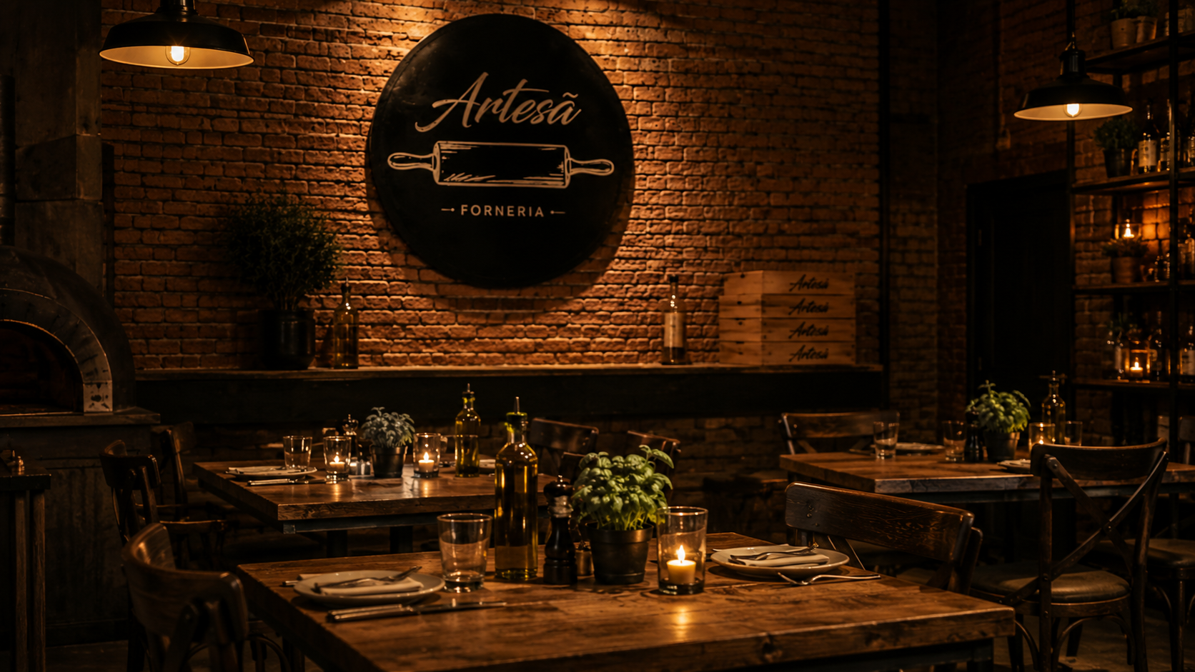 Ambiente interno da Artesã Forneria — parede de tijolinhos, forno a lenha e mesas postas