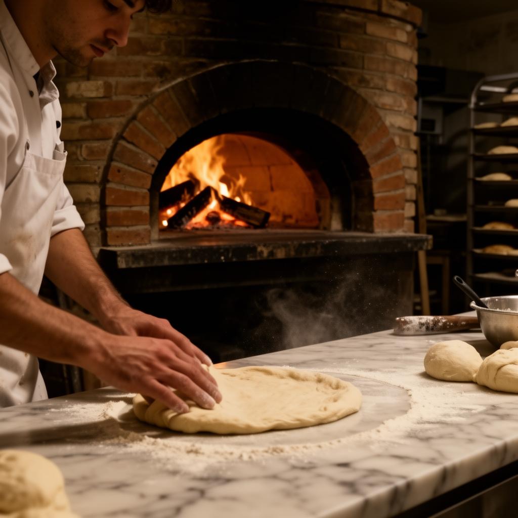 Pizzaiolo preparando massa diante do forno a lenha